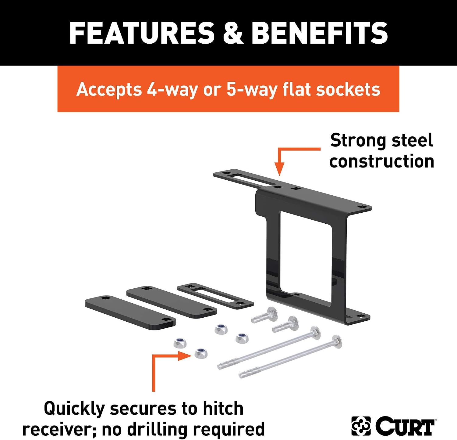 CURT 58001 Easy-Mount Vehicle Trailer Wiring Connector Mounting Bracket for 2-Inch Receiver, 4 or 5-Way Flat