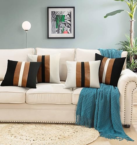 Miniatura 6 de JASEN Juego de 2 fundas de almohada de cuero de 20 x 20 pulgadas, fundas de almohada decorativas en blanco y negro de color marrón, funda de cojín