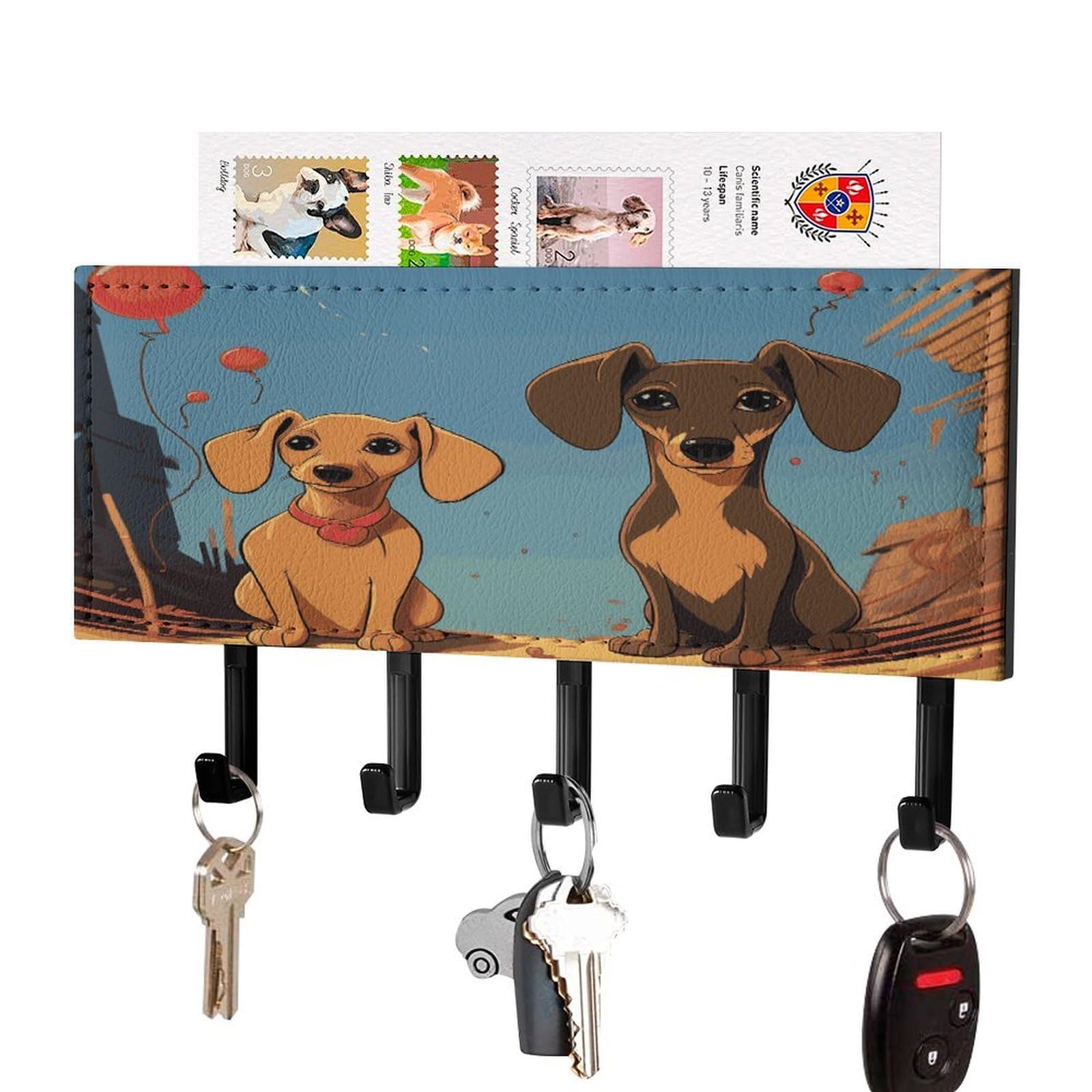 FekiLoot Two Dachshunds Key Holder Wall Mount Key Hooks for Wall Decorative with 5 Hooks PU Mail Rack Organizer with Shelf for Entryway Mudroom Hallway Office 7.1X4.3 in