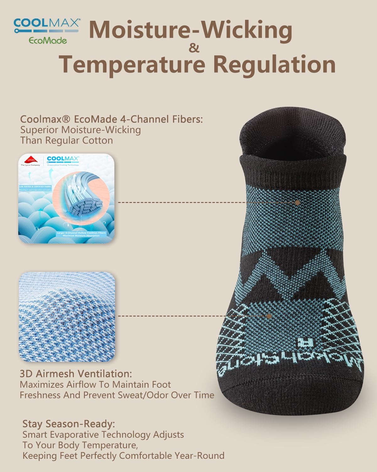 Diabetic Ankle Socks for Men Women, COOLMAX LYCRA Moisture-Wicking Non-Binding Cushioned Neuropathy Sock, 3 Pairs - Image 4