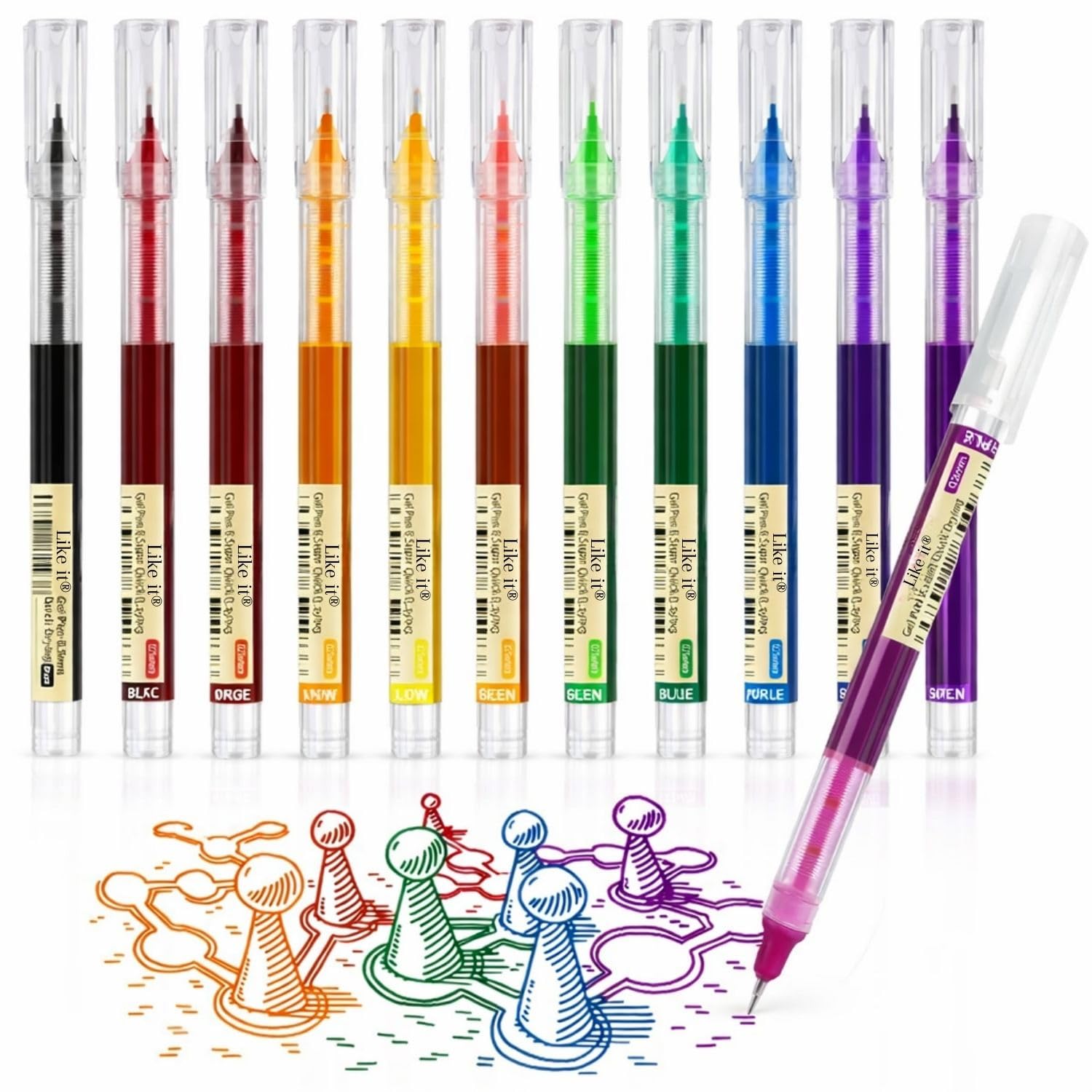 Like It 0.5 mm Fine Point Liquid Ink Rollerball Pens, 12 Assorted Colours, Smooth Writing Pens for Students, Note Taking, Office Use, Colouring & Drawing