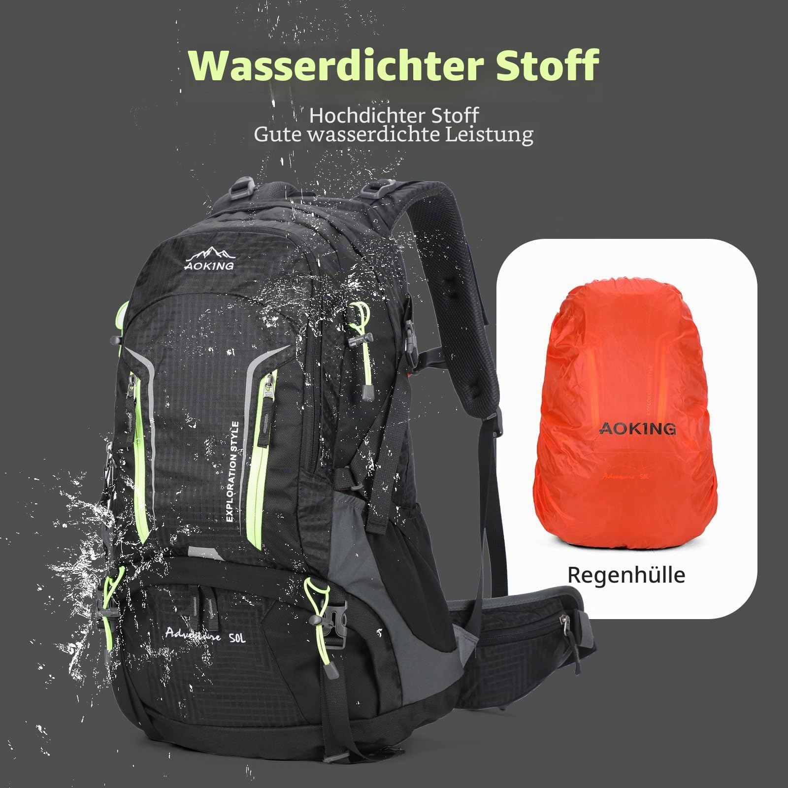 Aoking,Rucksack zum Wandern/Klettern,50L,YJN67363,Standardelemente:abnehmbares Airflow-Mesh-Board,wasserdicht,SOS-Pfeife,Regenschutz