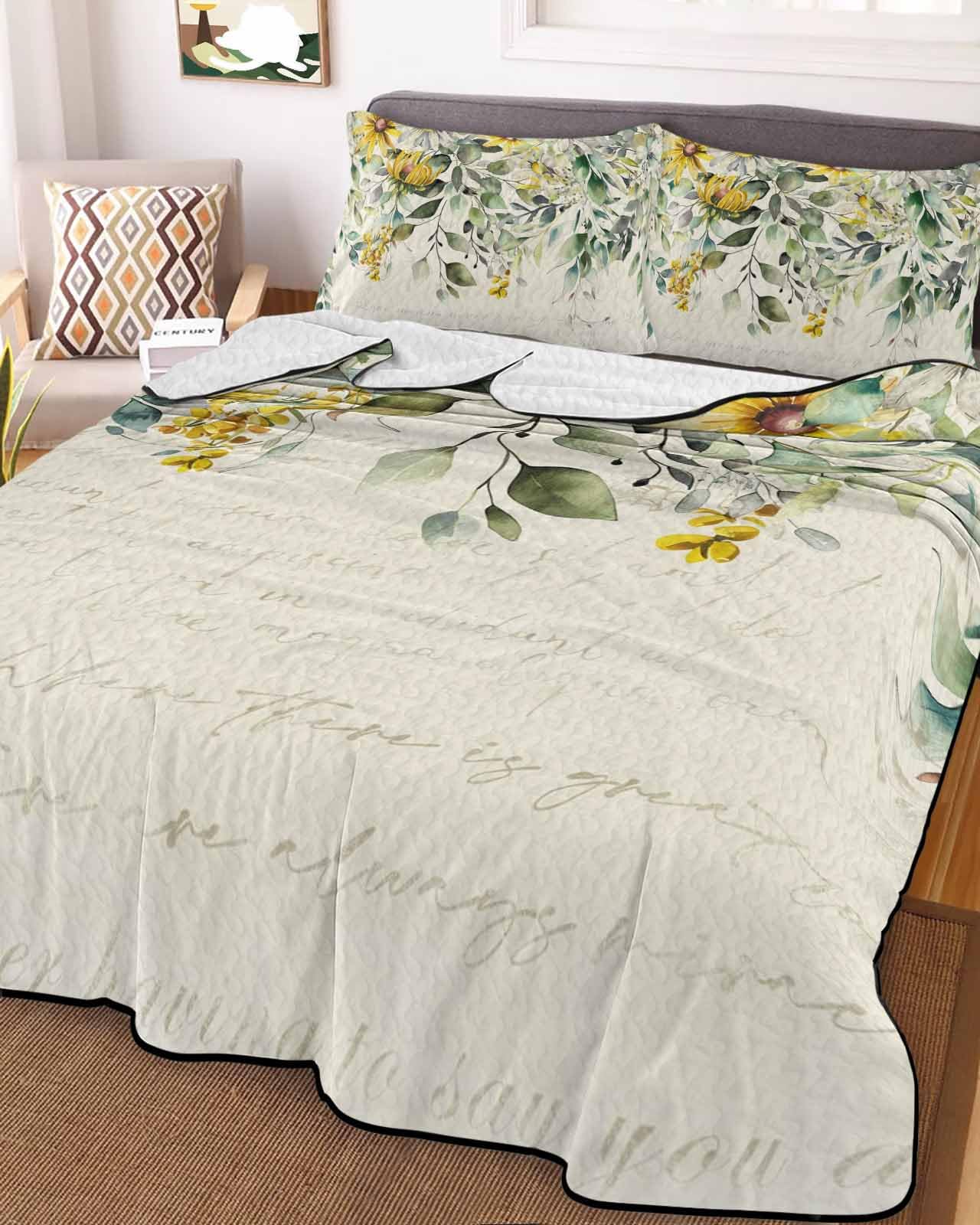 3-Piece Summer Quilt King Size, Flowers Eucalyptus Lightweight Cooling Bedding Comforter Blanket with 2 Pillow Shams, Vintage Botanical Floral Leaves Bedspreads Quilted Coverlet Sets 96