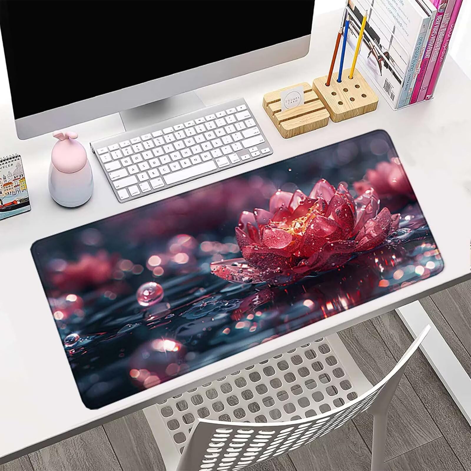 Podkładka pod mysz XXL 1500 x 800 mm, wodoodporna różowa podkładka pod mysz z motywem lotosu akcesoria do gier 3MM szyte krawędzie antypoślizgowa gumowa podstawa powierzchnia do biura/domu, gracz