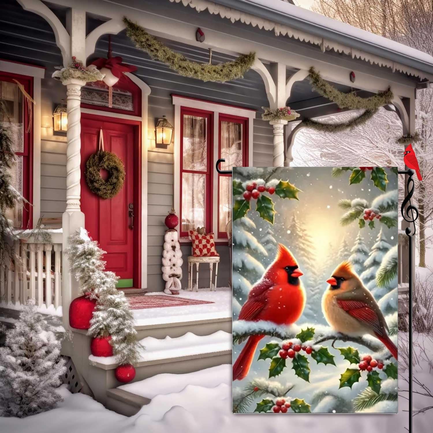 Winter Cardinal Garden Flag 12x18 Double Sided, Burlap Holiday Xmas Garden Flags Winter Outdoor Decorations Small Christmas Yard Lawn Flags for Outside - Image 2