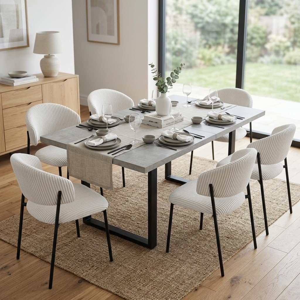 JIEXI Set di 6 tavoli da pranzo allungabili, 130 x 170 cm, 6 sedie in tessuto, superficie rettangolare in MDF e polvere di cemento, stile moderno e contemporaneo, per sala da pranzo e cucina