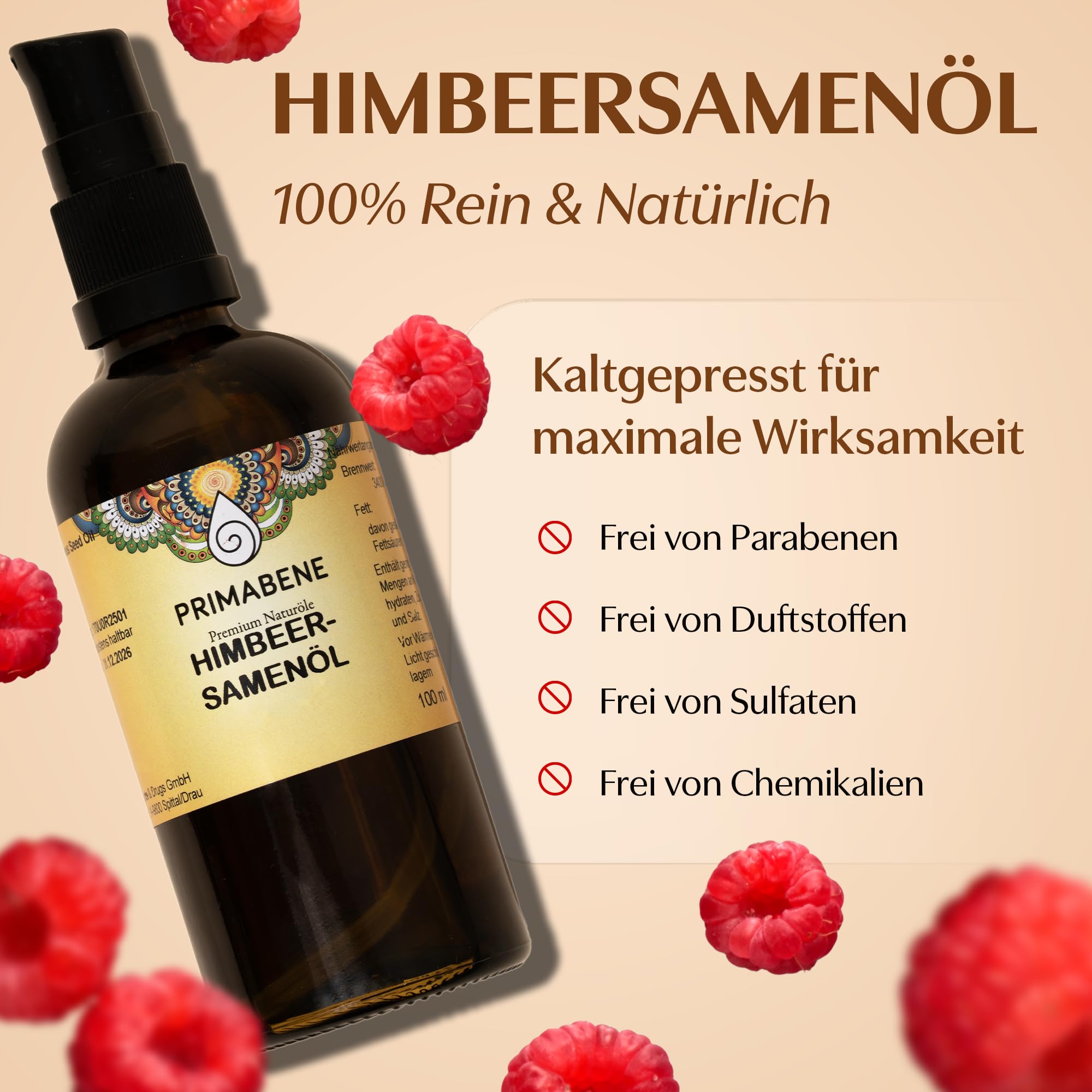 100% Himbeersamenöl - 100ml - rein & kaltgepresstes Himbeersamen Öl für Hautpflege, Haarpflege & Sonnenschutz - Himbeeröl reich an essentiellen Fettsäuren, Antioxidantien & Omega-3
