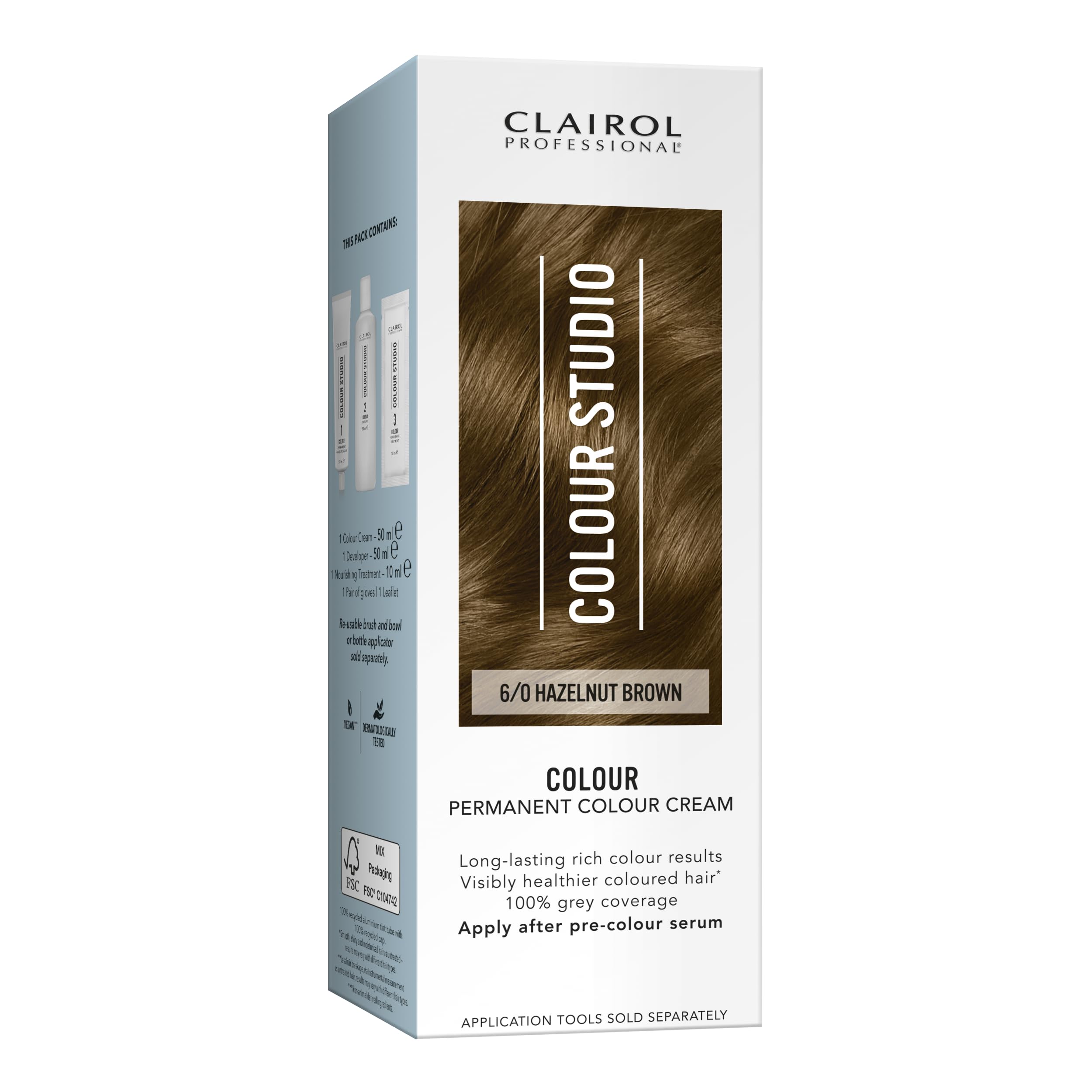 Clairol Colour Studio Permanent Colour Cream | Hair Dye | Long-lasting Rich Tones | 100% Grey Coverage | Dermatologically Tested Vegan Formula | Hair Colouring Kit | Hazelnut Brown 6/0 | 50ML