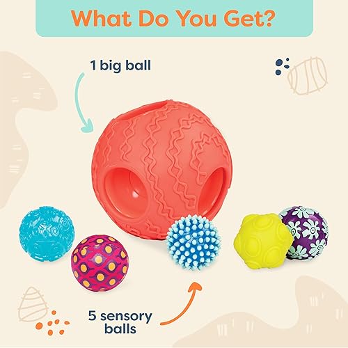 Miniatura 7 de B. toys Juego de juguetes sensoriales para bebés con bolas texturizadas - Juego de desarrollo de 6 piezas con bola grande y 5 bolas pequeñas con