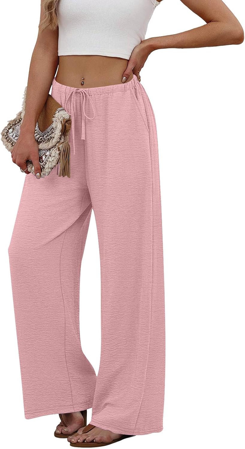 Women's Wide Leg Linen Pants Flowy Palazzo Drawstring Elastic Waist Summer Business Casual Beach Vacation Clothes - Image 2