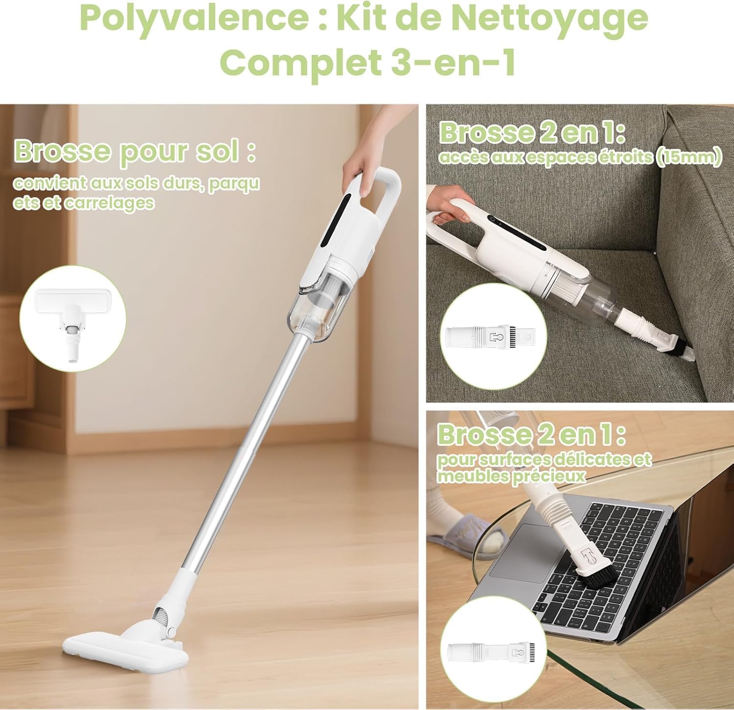 Suirviz U5PRO Aspirateur Balai sans Fil, 28Kpa et 35 Min, 3 en 1 Aspirateur sans Fil avec Système Centrifuge Cyclonique, pour Les Poils d’Animaux, Adapté Aux Sols, Canapé et Voiture (Blanc)