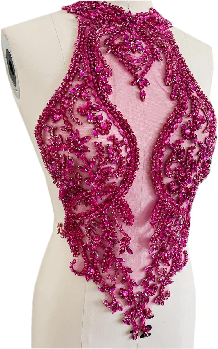 Handmade Rhinestones lace Applique handsewing Beads Trim Patches Dress Front Accessories (Rose red)