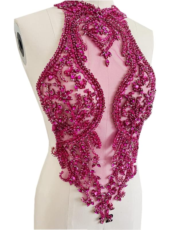 Handmade Rhinestones lace Applique handsewing Beads Trim Patches Dress Front Accessories (Rose red) by Generic - Used condition - Image 2