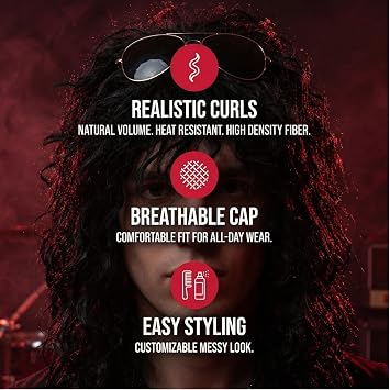 3Pcs Rock Wig Set 70s 80s Disco Hippie Costume Mullet Wig for Men Women Black Long Curly Wigs Disco Rock Star Heavy Metal Punk Gloves Sunglasses for Halloween Carnival Party (Black)