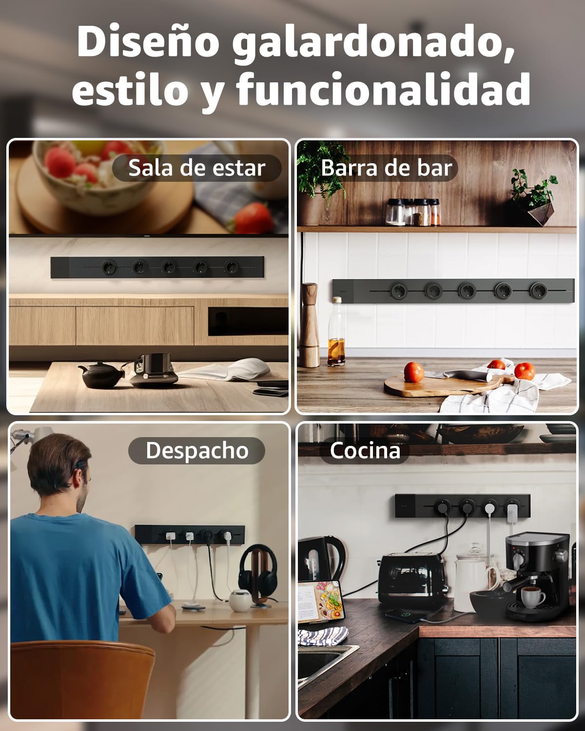GONEO Carril Mural 50cm, 4 Tomas Schuko F 16 A, sustituye una Toma de Pared | Módulos deslizantes y reposicionables, montaje mural sin obras, bloqueo seguro, para cocina, salón, oficina y hogar