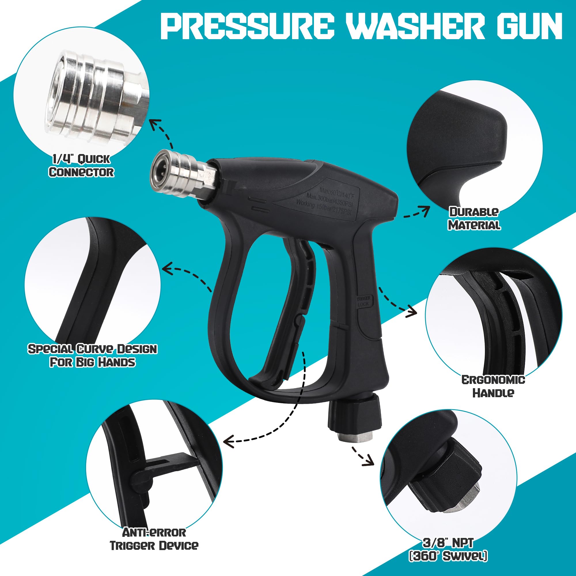 Kit de cañón de espuma para lavadora a presión, pistola de espuma de nieve de doble conector con pistola de pulverización, 5 puntas de boquilla, varillas curvadas, conexión rápida giratoria de