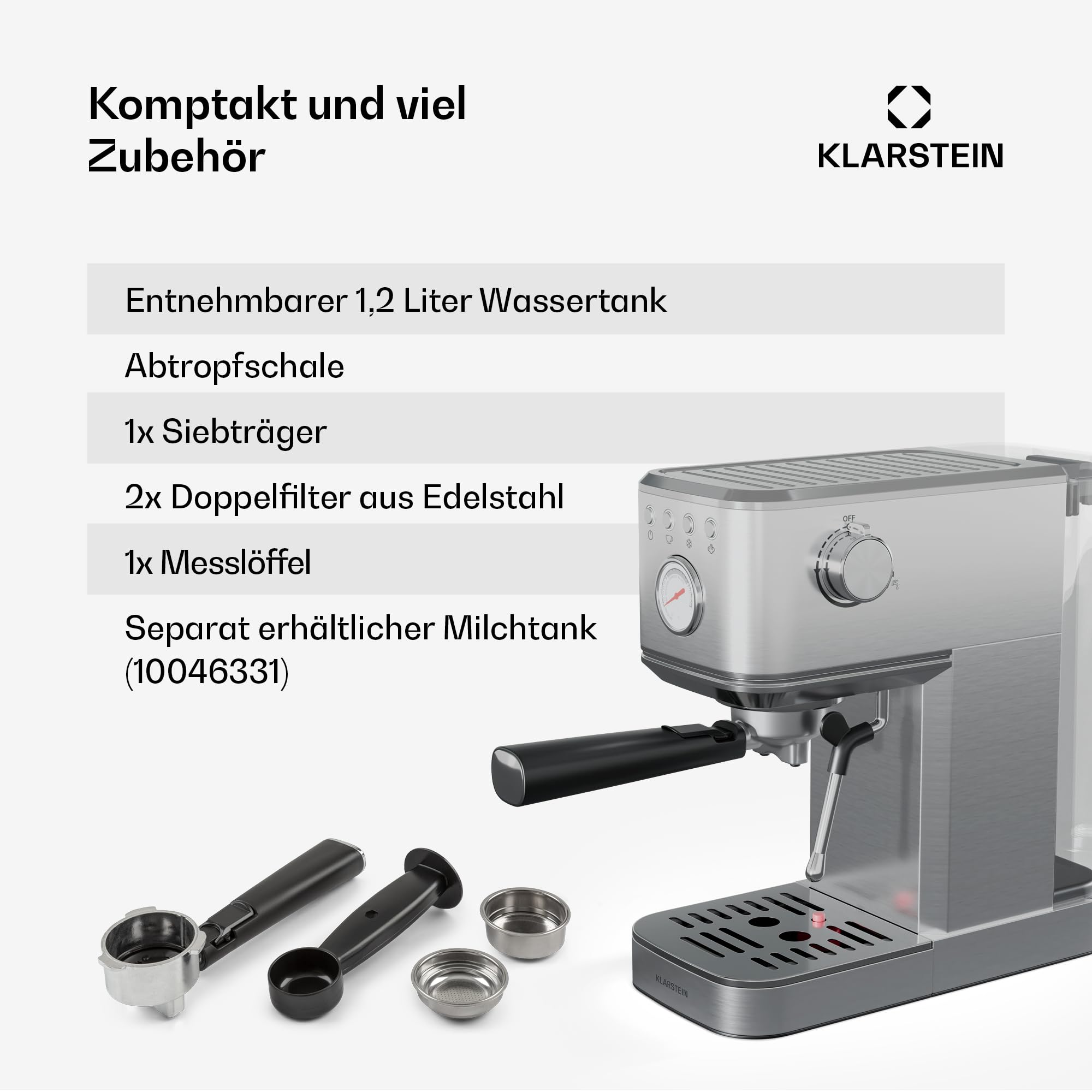 Klarstein SteelPresso Slim Siebträgermaschine 20-Bar 1350W Edelstahl 1,2L Wassertank Dampfdüse Kompakt Espressomaschine