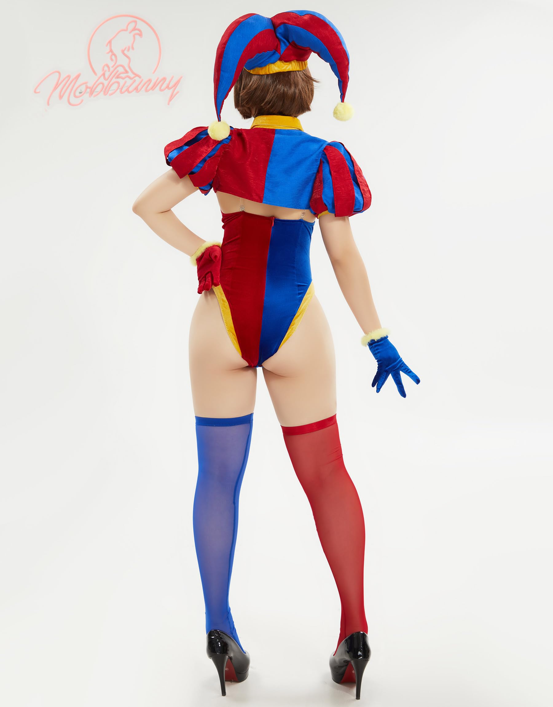 Mobbunny Women's Clown Cosplay Costume Circus Clown Bodysuit Blue Red Bodysuit and Mini Skirt with Gloves and Hat