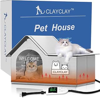 Heated Cat House for Outside, Outdoor Cat Shelter with Heating Pad and Cooling Ice Pack, Insulated Waterproof Feral Cat House for Summer and Winter, 21 x 15 x 17 in