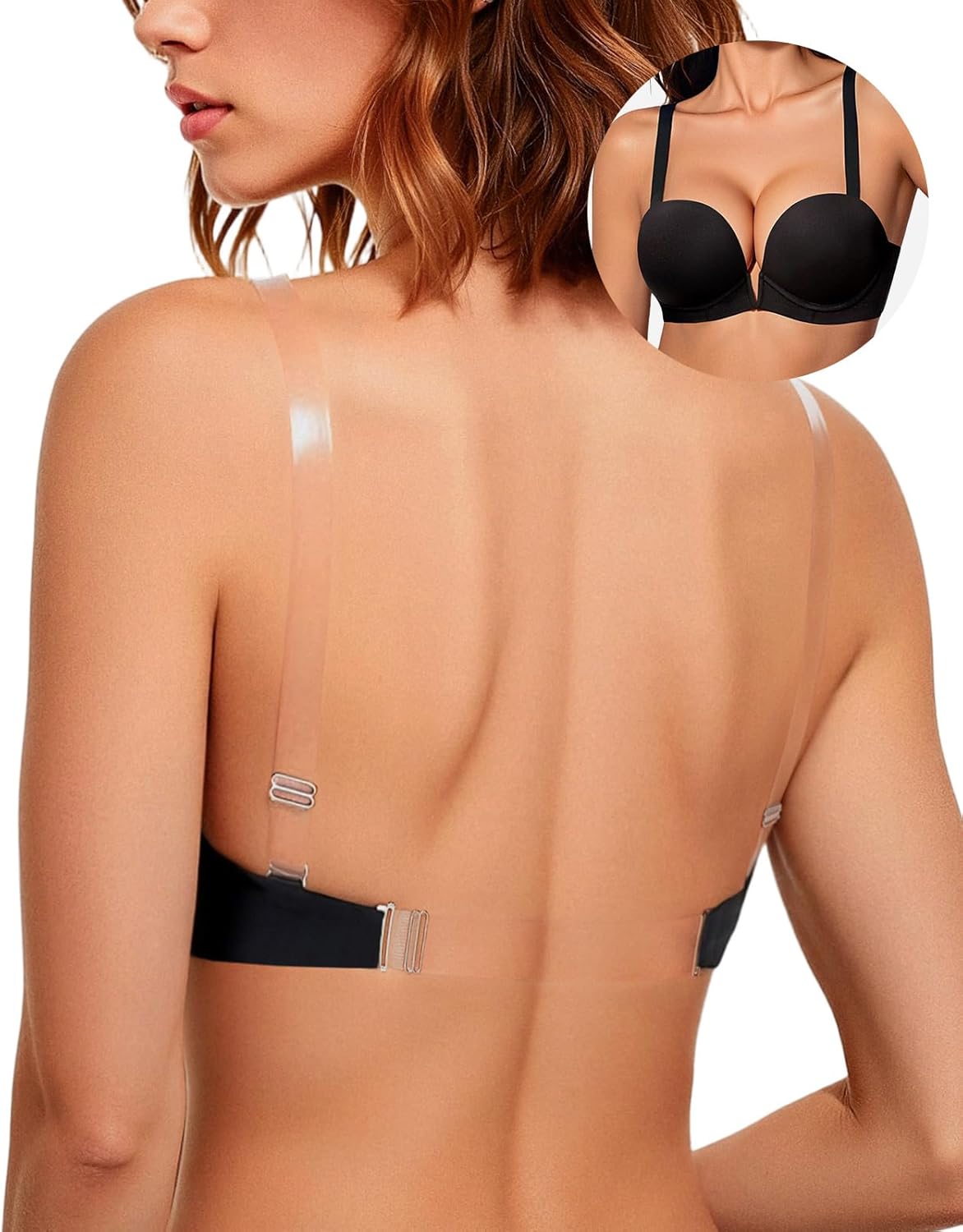 Upushall Backless Bra with Clear Straps and Back Plunge Padded Push Up Low Cut Underwire Bras for Women