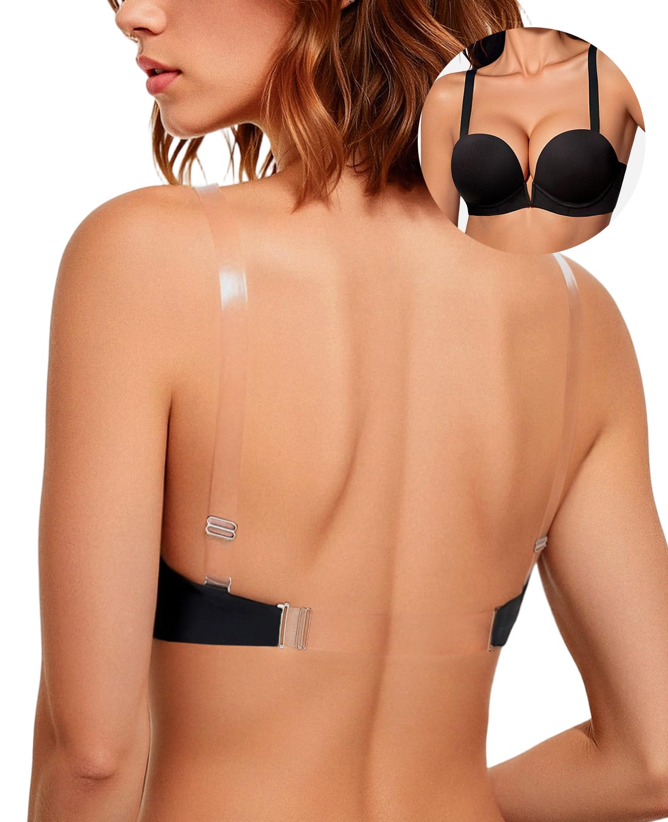 Upushall Reggiseno senza schienale con spalline trasparenti e schiena profonda imbottita push-up taglio basso con ferretto per le donne