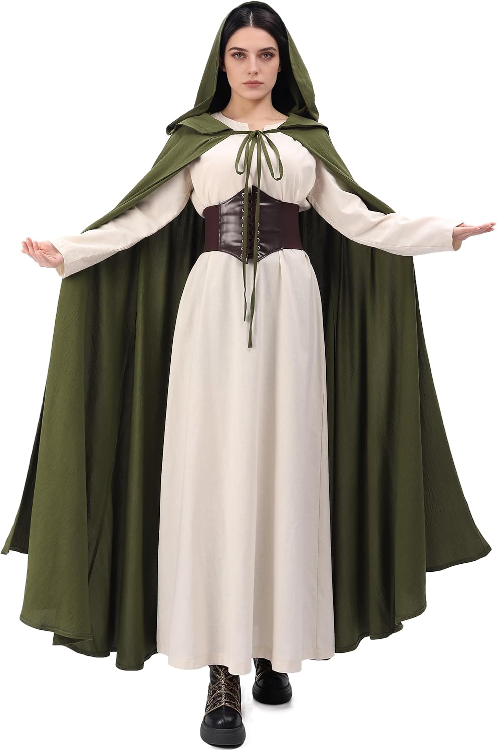 Medieval Renaissance Hooded Cloak with Big Roomy Hood Adjustable Ties for Halloween Christmas Elf Cosplay