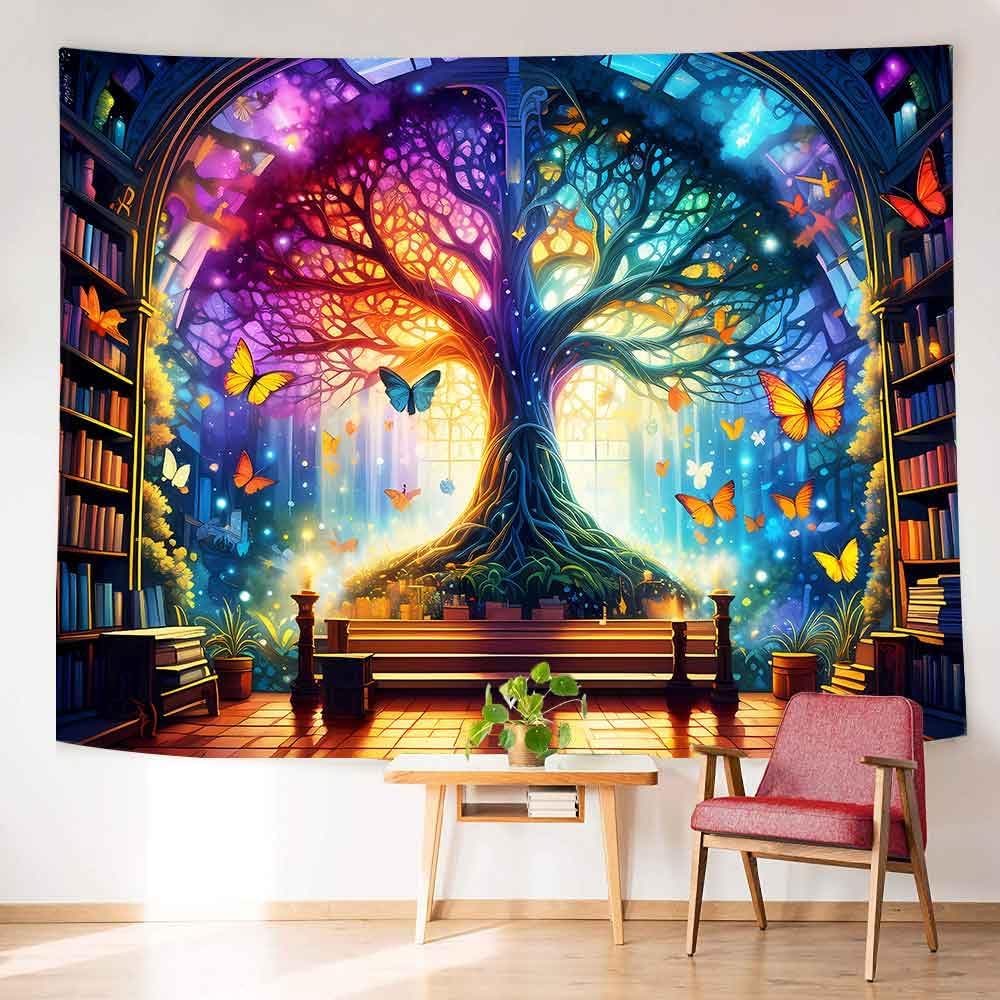 Fantasy Tree of Life Tapestry Vintage Medieval Library Wall Tapestries Fairytale World Colorful Butterfly Study Room Bookshelf Poster 93x71 Inch for Bedroom Living Room Dorm