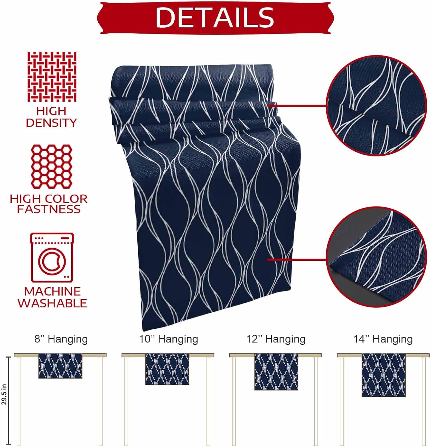 Navy Blue Table Runner 120 Inches Long Wave Line Texture Modern Art Geometric Coffee Table Runner Kitchen Dining Table Decoration for Indoor Outdoor Home Party Holiday 13 x 120 Inch