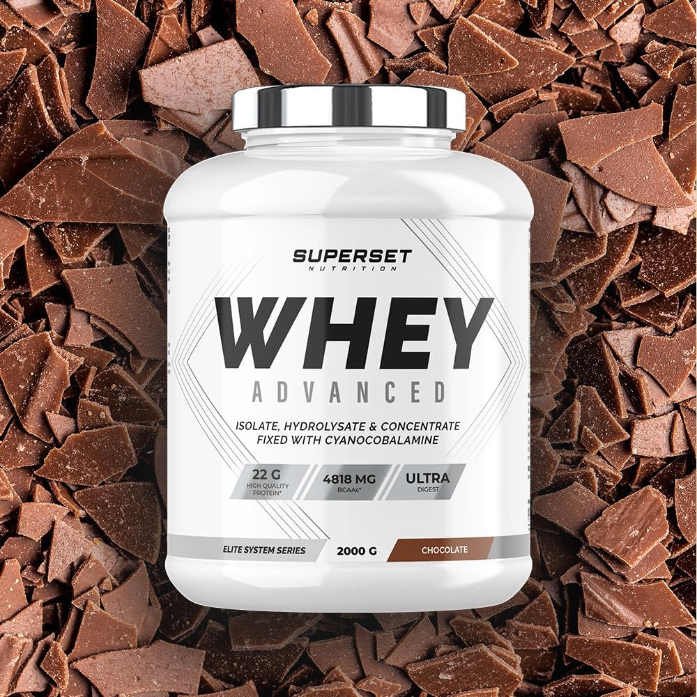 Superset Nutrition - 100% Whey Proteine Advanced (2kg) - 74% de protéines - Isolat + Concentrat + Hydrolysat, Digestion optimisée, Riche en BCAA et en glutamine - Chocolat