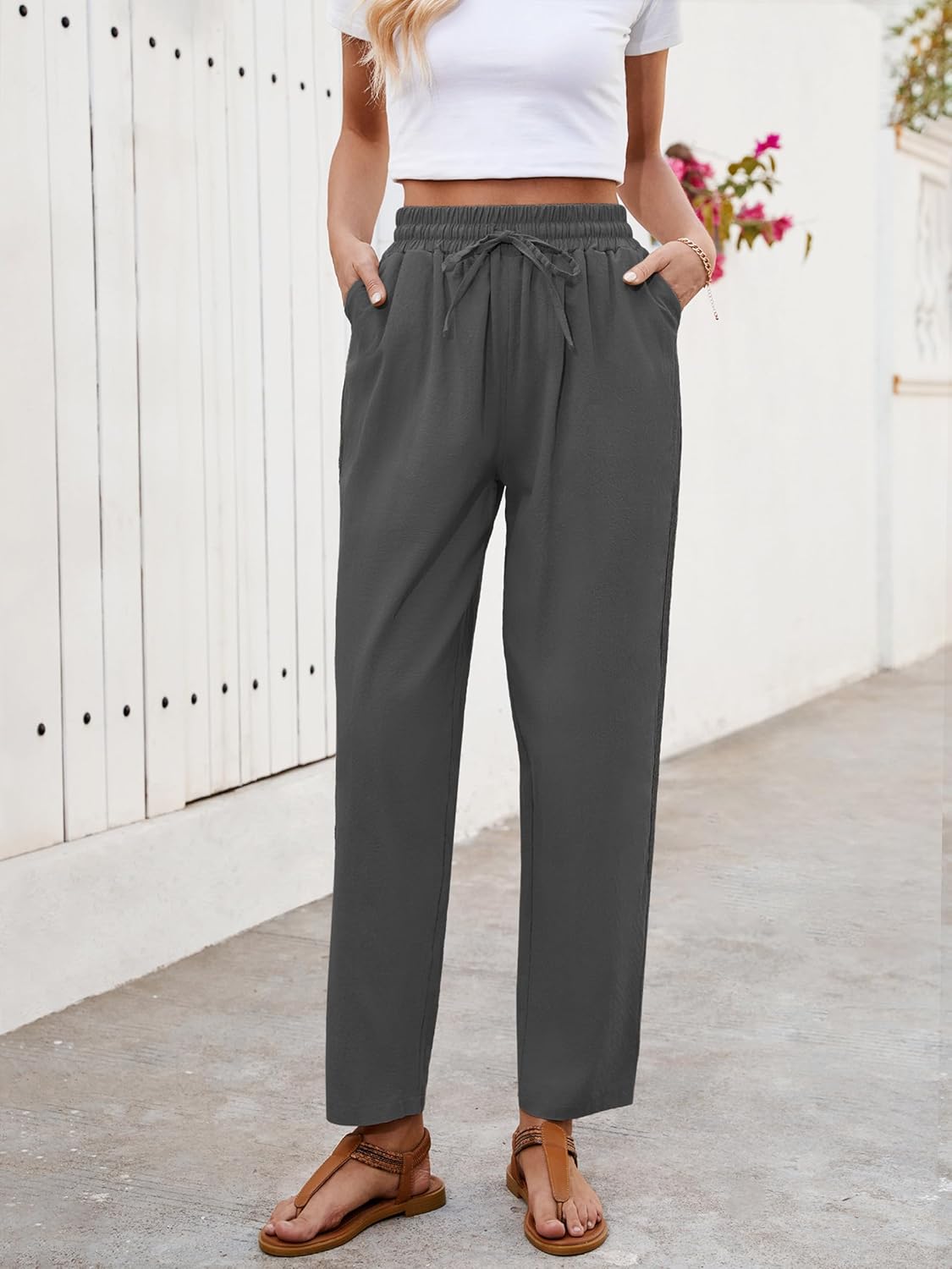 Puimentiua Women Linen Pants Lightweight Pants with Lace Side Summer Casual Beach Drawstring Elastic Waist Trousers - Image 2