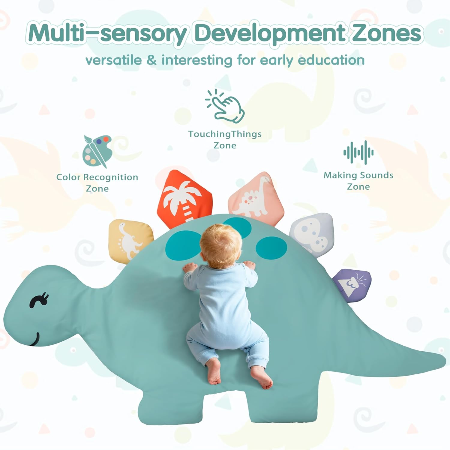 Baby Tummy Time Mat, Oversize Dinosaur Shaped Baby Play Gym Mat with 6 Toys, Play Mat for Babies 0-6-12 Months Promotes Motor Skills & Sensory Development, Newborn Essentials Infant Shower Gift