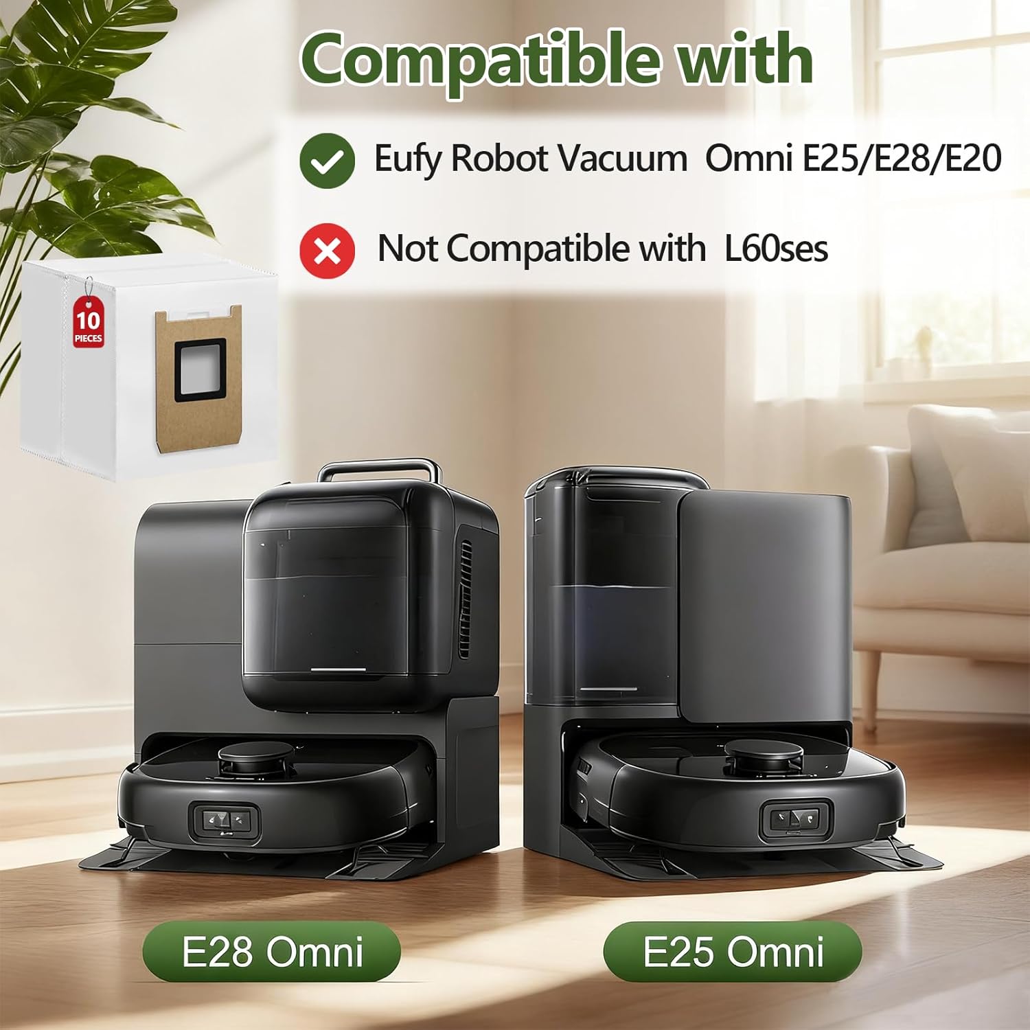 10 Pack Dust Bags Compatible with Eufy E28 Omni/E25 Omni Robot Vacuum, Heavy-Duty 4-Layer Replcement Bags, 3L Large Capacity Disposable Bag