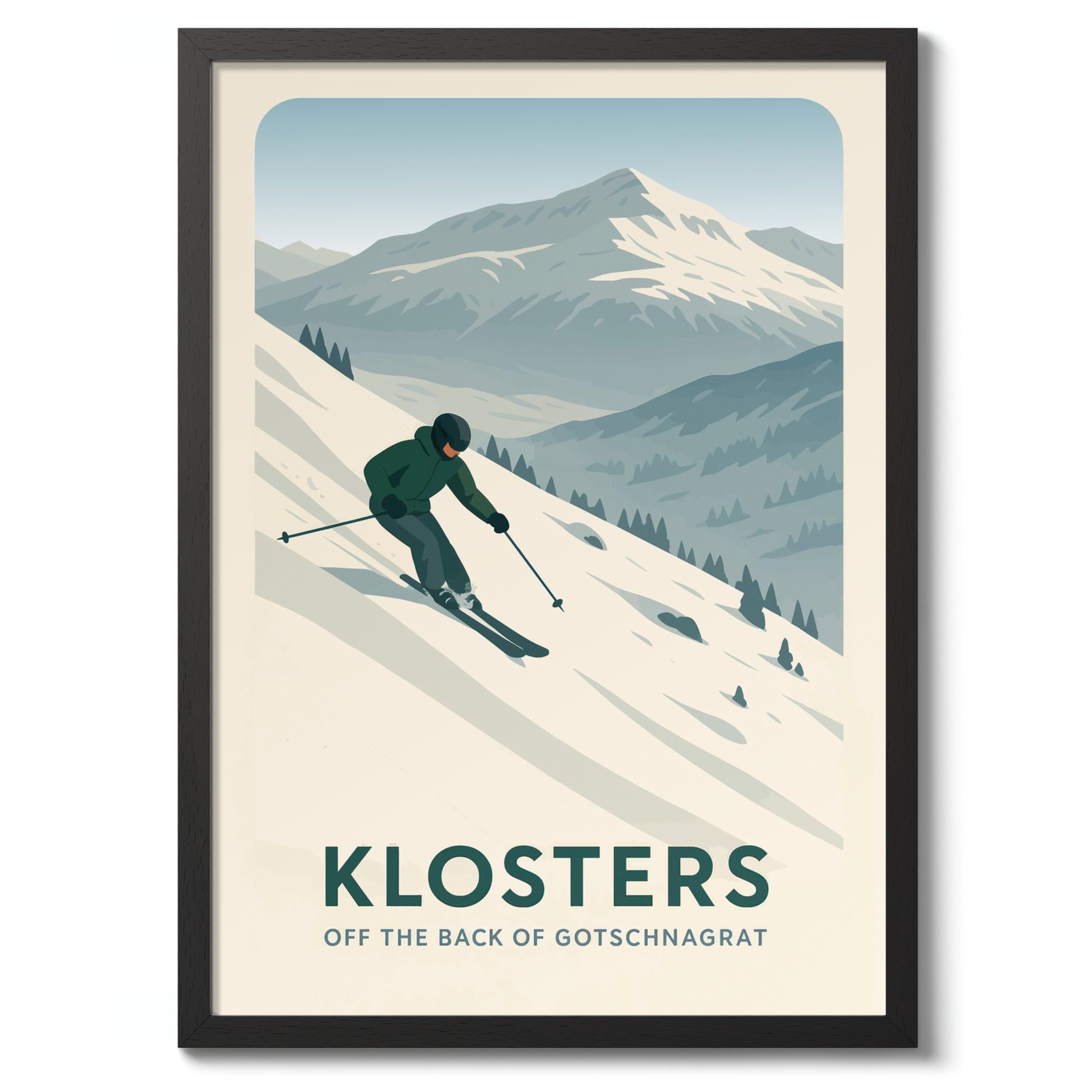 Klosters - Switzerland Modern Skiing Poster, Minimalist Wall Art, Mountain Travel Prints, Snow, Ski Trip Home Decor, A1 (Black Frame) - 86.9x62.4cm