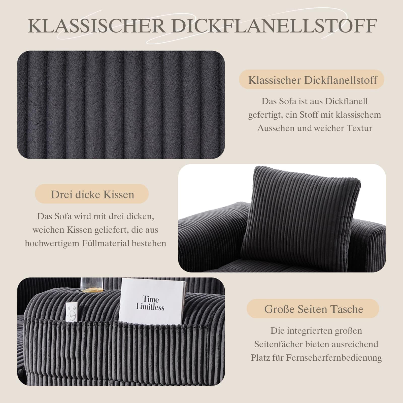 KOMHTOM Canapé Modulaire en Velours Côtelé avec Porte-gobelet, Coussin, Canapé Profond Confortable Moderne pour Salon, Bureau (C-Gris)