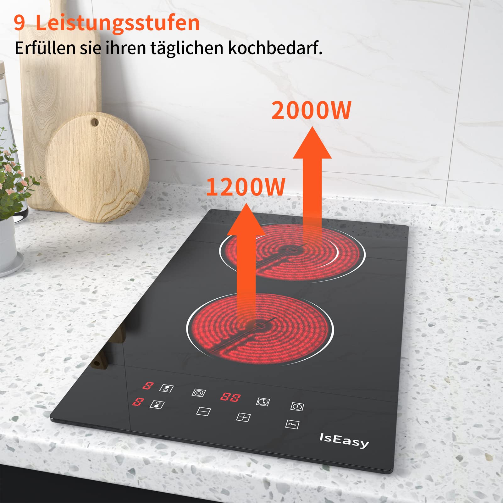 Domino Glaskeramikkochfeld IsEasy Doppel Kochfeld 9 Leistungsstufen Kindersicherung Schwarz Kristallglasoberfläche Timer