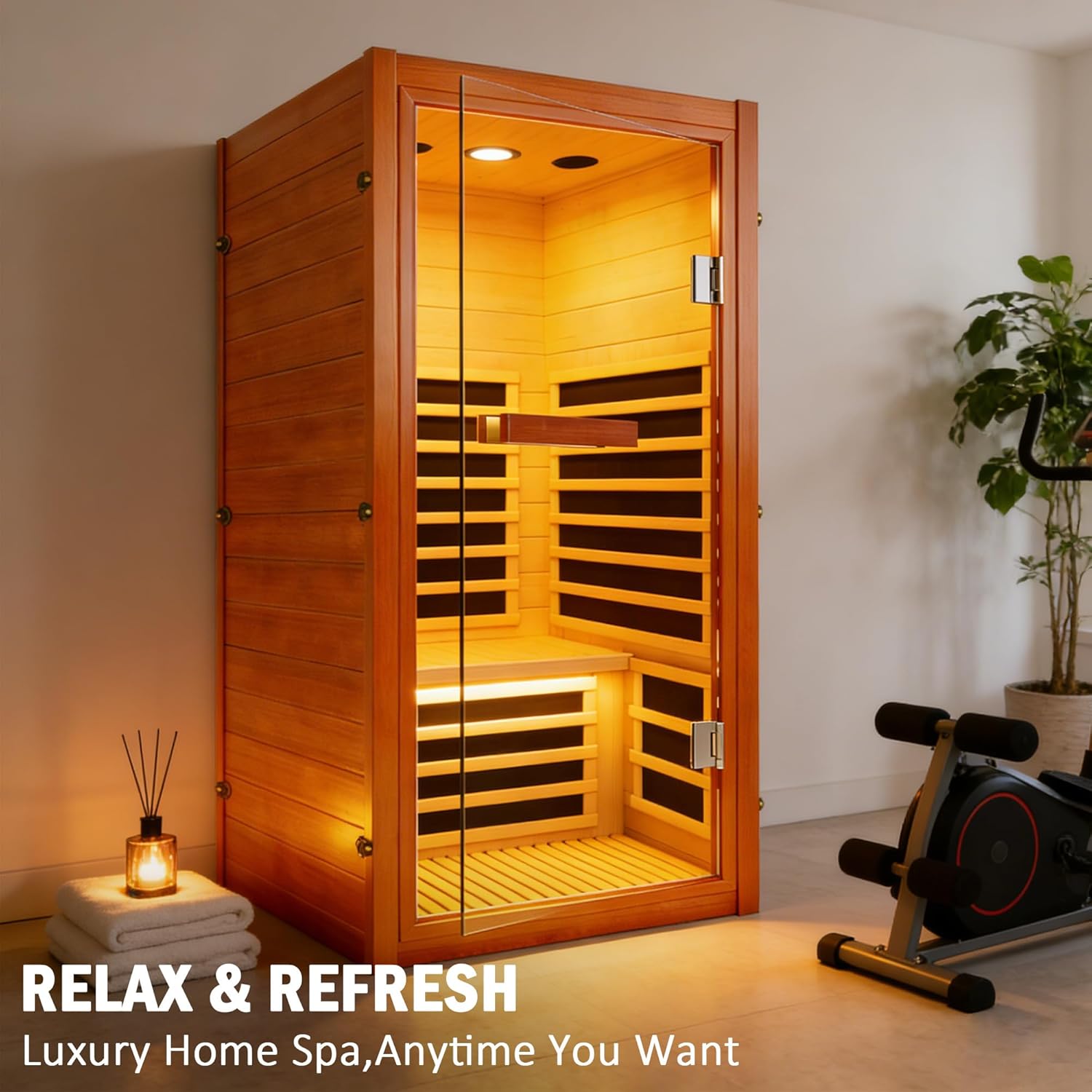 1 Person Infrared Sauna, Compact Indoor Sauna Room, Low EMF Red Cedar Sauna Box, 1065W Wooden Dry Sauna with Red Light Therapy & Bluetooth Speaker for Home & Gym Easy Assembly