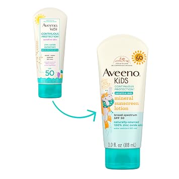 Aveeno Kids Continuous Protection Zinc Oxide Broad Spectrum Sunscreen Lotion for Kids Sensitive Skin. SPF 50 Oxybenzone Free Sunscreen, Tear- and Sweat-Free and Water-Resistant, Non-Greasy, 3 Fl Oz