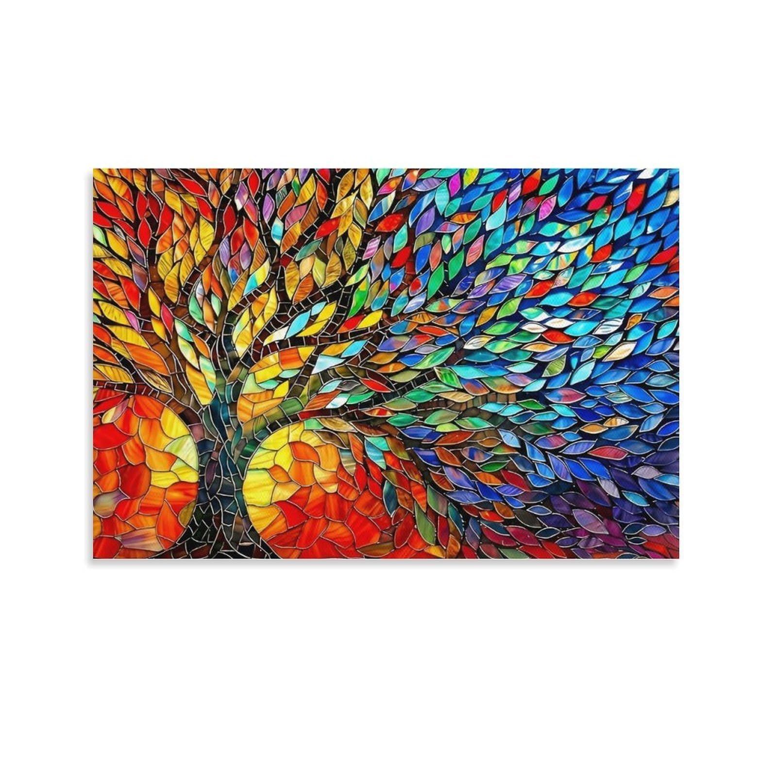 CPLVKWRQJ Stained Glass Tree Single Piece Rainbow Leaf Tree Mosaic Stained Glass Work Canvas Art - Bedroom Birthday Gift Easy to Clean Canvas Painting Wall Decor 08x12inch(20x30cm)
