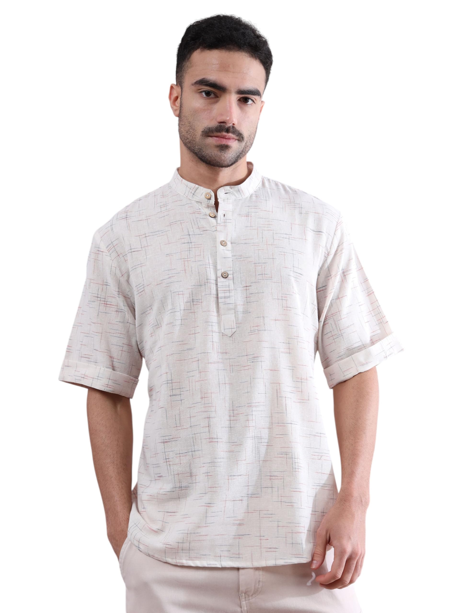 Textured Pure Cotton Men's Short Kurta | Half Sleeves | Mandarin Collar | Button Closure-image-6