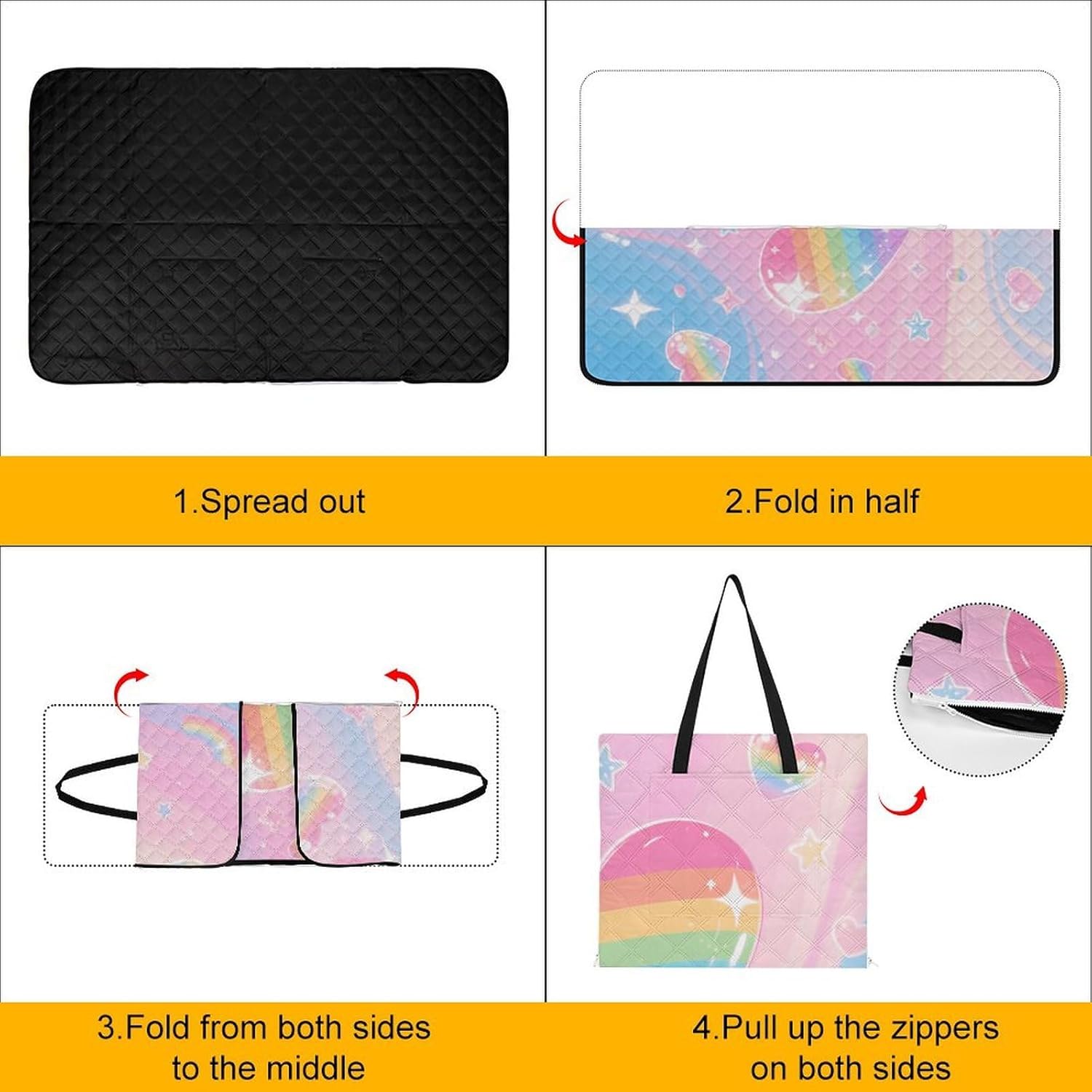 Iridescent Love Heart Stars Pattern Picnic Blanket 150x100cm, Foldable 2-in-1 Picnic Mat and Tote Bag Portable Waterproof Beach Mat Sandproof Outdoor Blanket for Park, Hiking, Beach, Camping, Travel
