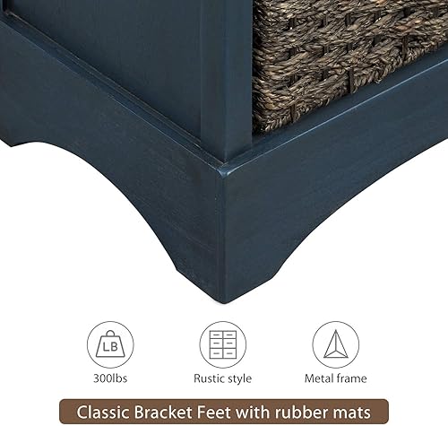 Miniatura 6 de P PURLOVE Armario de almacenamiento de estilo retro con 2 cajones de madera y 4 cestas de mimbre para el hogar, cocina, entrada, sala de estar (azul