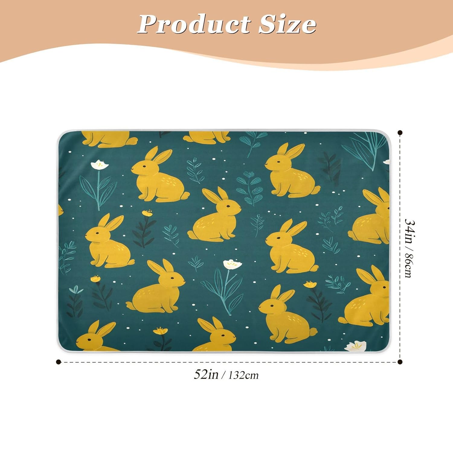 Bunny on Dark Teal Floral Change Mat, Diaper Changing Pads for Baby, 3Layers Waterproof Change Pad Foldable Absorbent Mats for Women, Reusable Incontinence Underpads for Patient 34''x52''