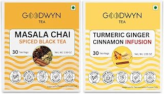 Goodwyn Turmeric Ginger Cinnamon & Masala Chai Tea Bundle, 60 Bags | 60 bags of Turmeric Ginger Cinnamon Tea and Masala Chai; plastic-free; no artificial flavors; enjoy hot or iced