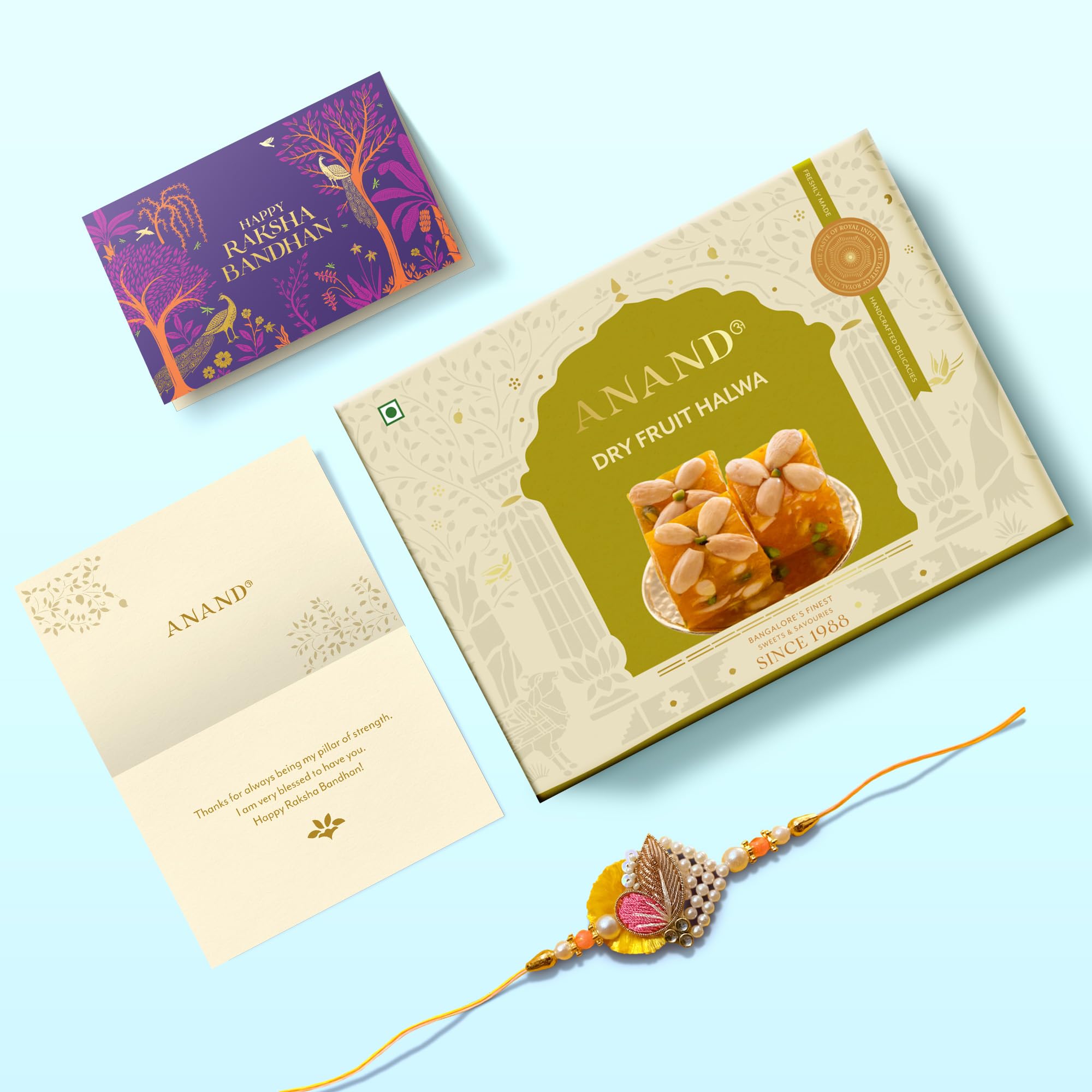 ANAND Sweets Raksha Bandhan/Rakhi MIthai Gift box | Dry Fruits Halwa (500g) + Rakhi + Greeting card combo | Mouth Watering Pure Desi Ghee Sweets | For Brother, Sister, Bhabhi | No Preservatives