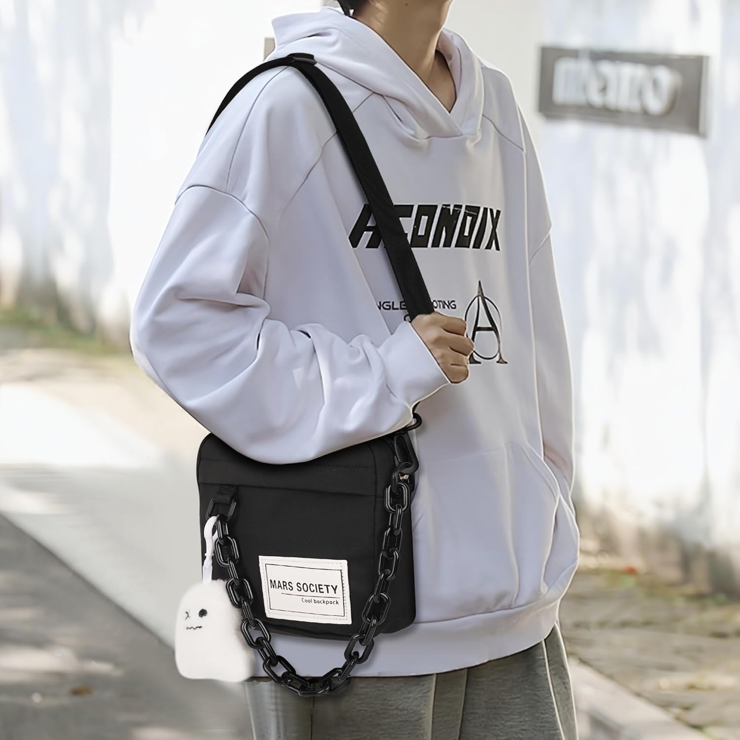 Small Crossbody Messenger Bag for Women Men, Cute Nylon Shoulder Purse Bag with Detachable Ghost Pendant, Black - Image 3