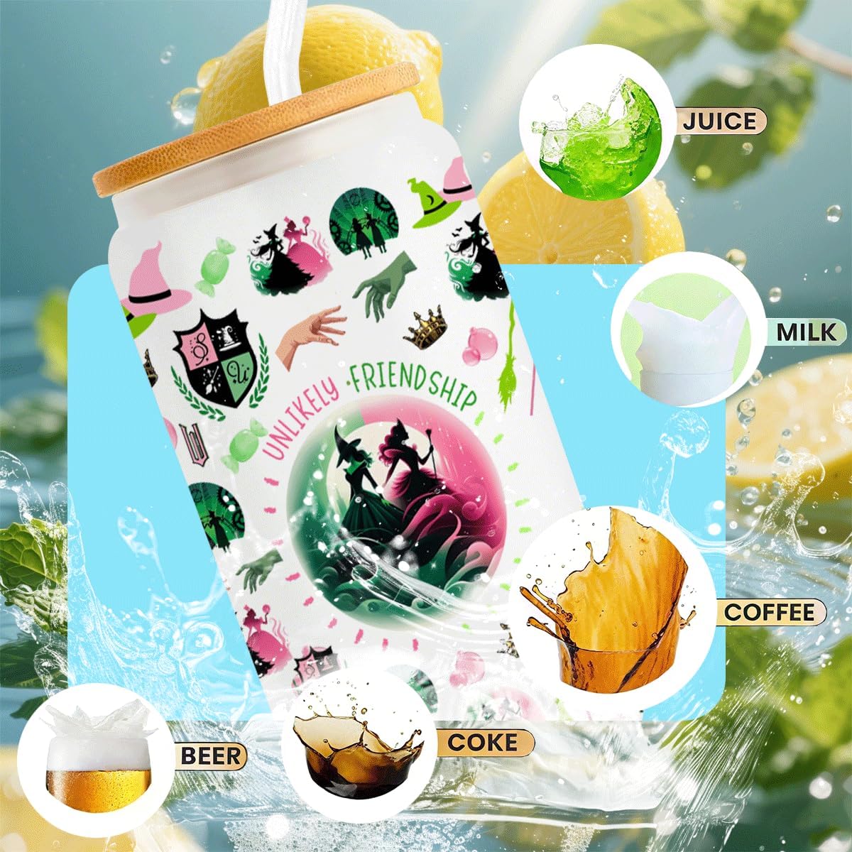 Witch Merch, Broadway Musical, Witch Gifts for Teen Girls, Women, Elphaba And Glinda Fans, Movie Lovers, Witch Merchandise, Unlikely Friendships, 16 oz Iced Coffee Glass Cup with Lid Straw - Image 4