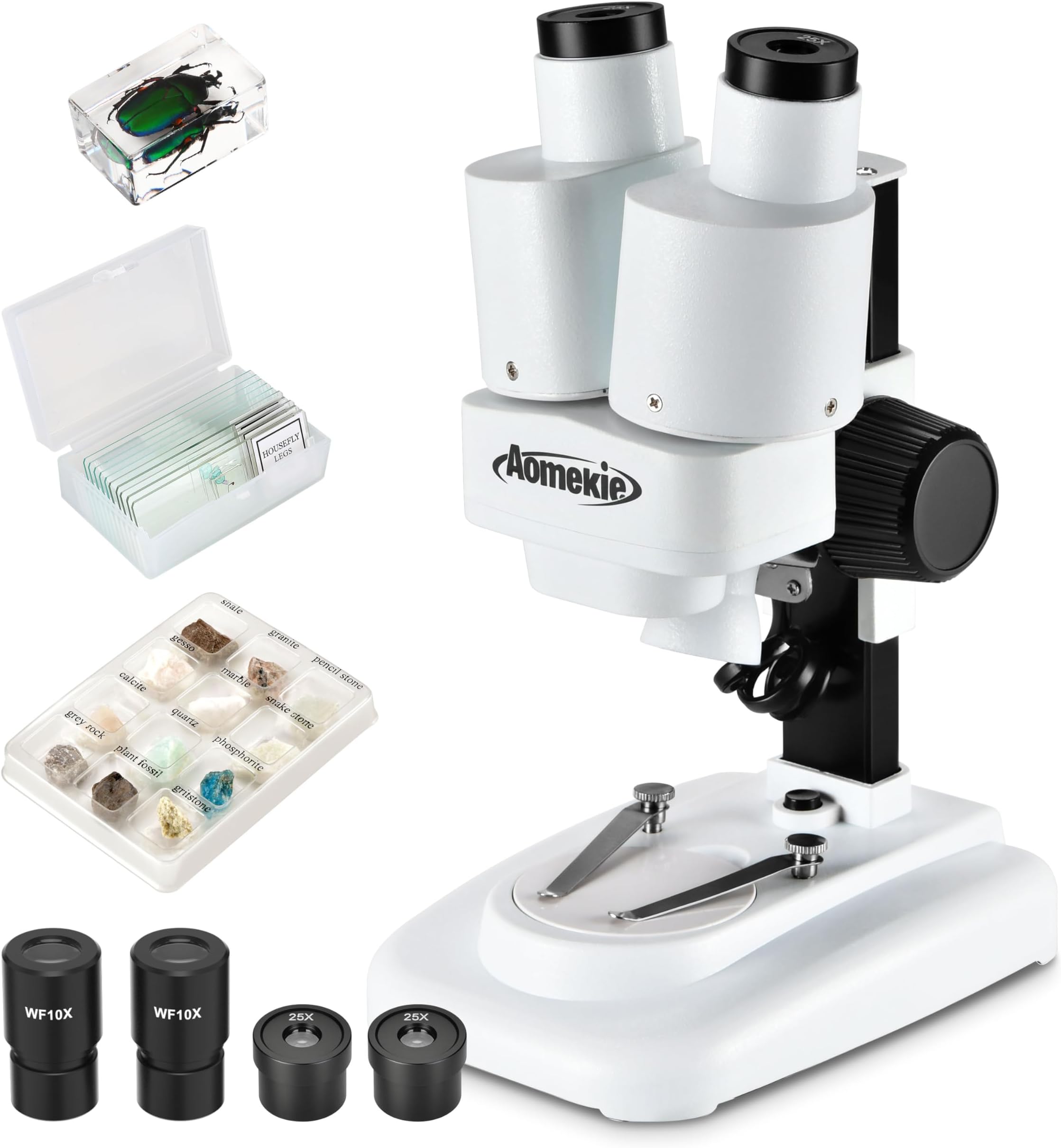 Aomekie® Microscope 20X 50X with 10Pcs Slides Insect Specimen Stereo Microscope with WF eyepieces LED Light Source Portable Stereoscope 12Pcs Mineral specimens