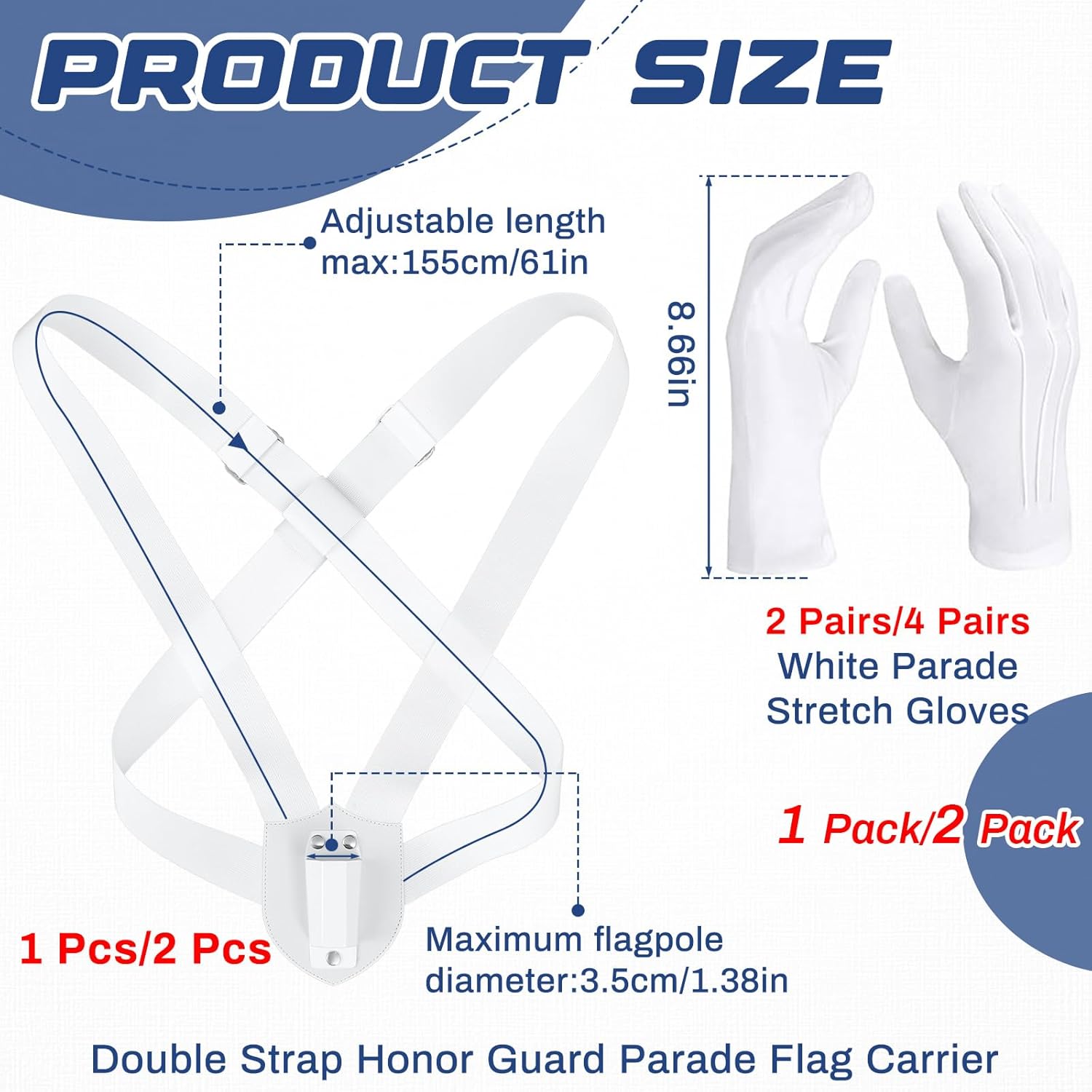 Jecery 1 Set Double Strap Honor Guard Parade Flag Carrier with 2 Pairs White Parade Gloves Sling 1 Carrying Belt Color Guard Flag Holder White Double Harness Pole Holder
