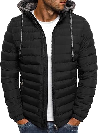 Mens Slim Thermal Puffy Jacket Coat Winter Full Zipper Drawstring Hooded Packable Winter Coat with Hood Black,Large