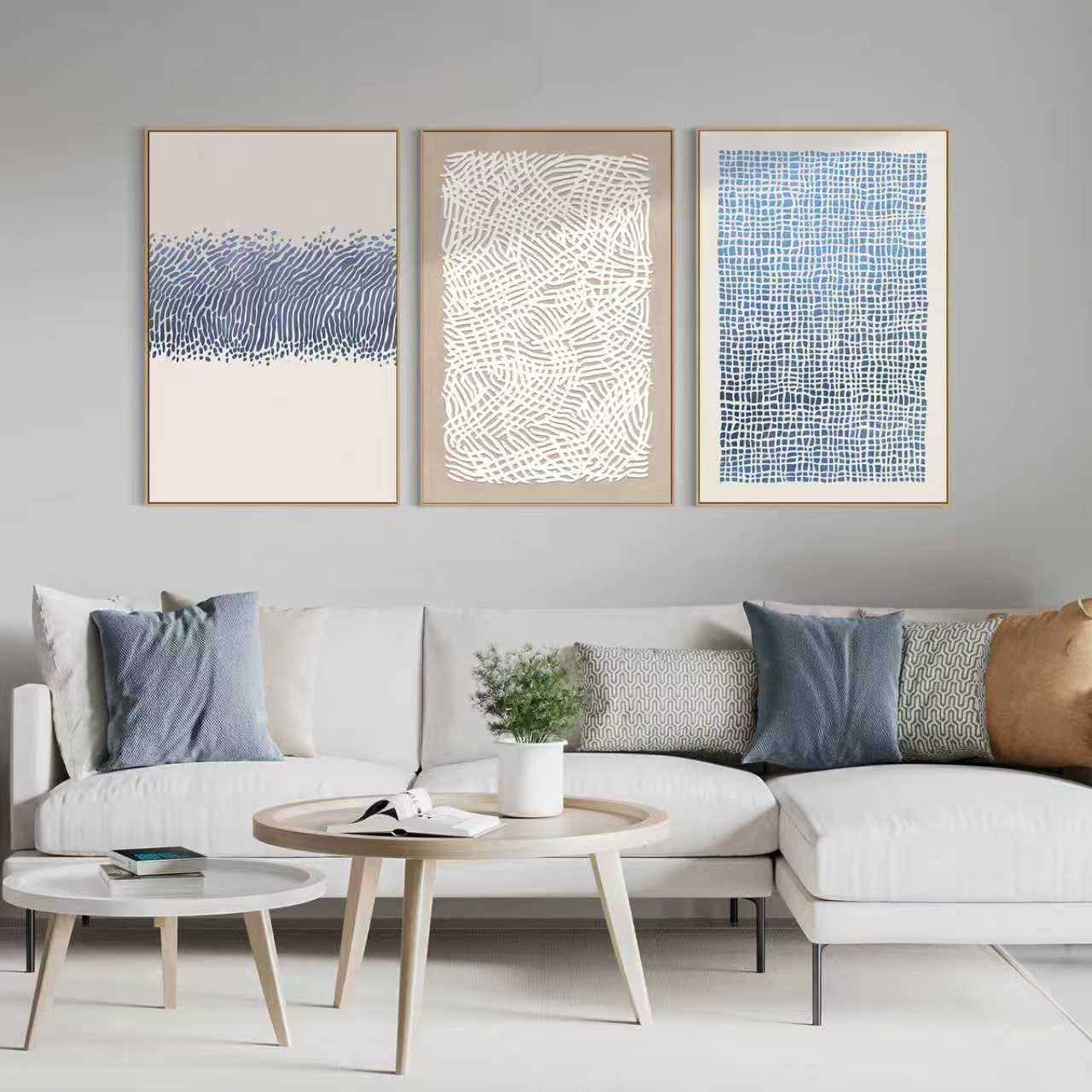 Zessonic Blue Boho Wall Art Neutral Abstract Framed Mid Century Modern Canvas Print Set, Minimalist Geometric for Living Room, Bedroom, Office - 3 Panels 16x24 Inch, Ready to Hang